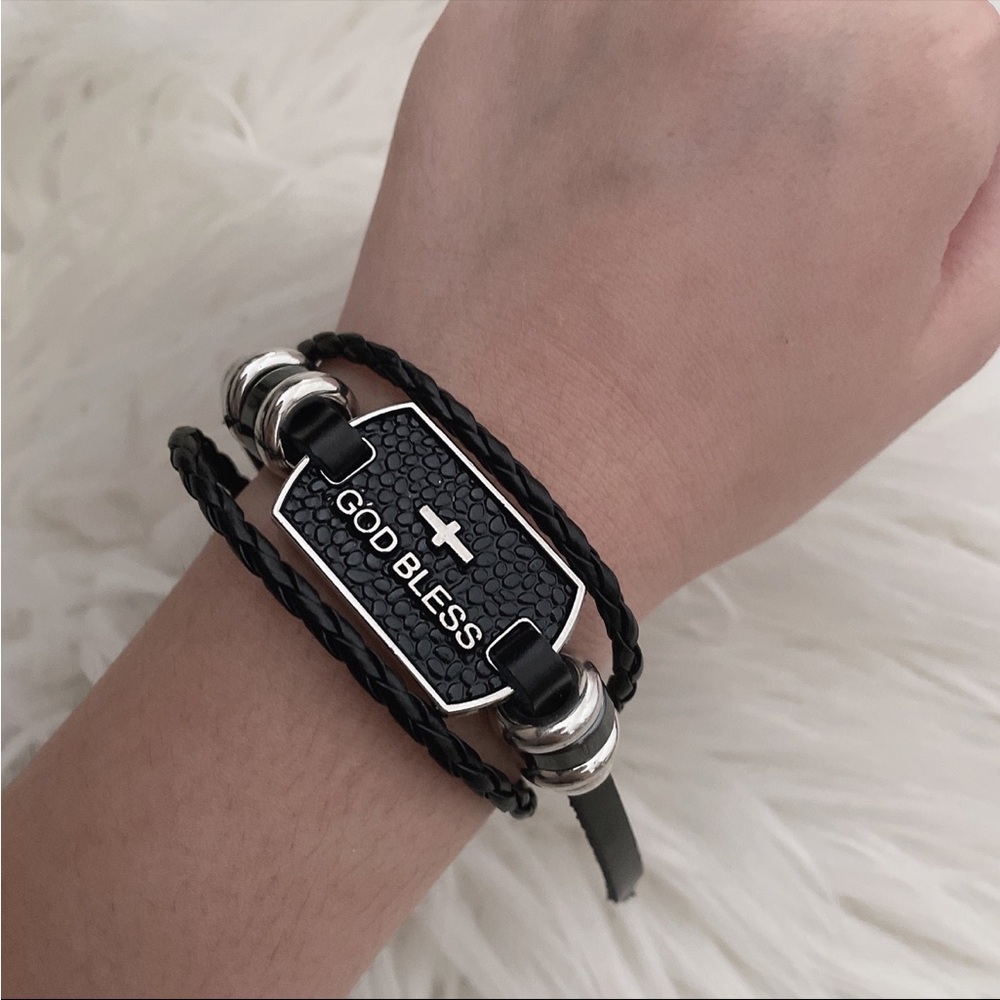 God bless cross leather bracelet adjustable wrap bangle